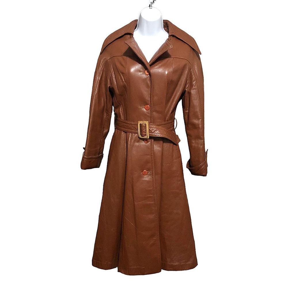 Vintage Lantry Spicy Brown Leather Belted Midi Coat Size S